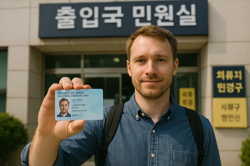 외국인등록증을 들고 출입국 민원실을 찾은 외국인, 등록증 재발급과 체류지 변경신고