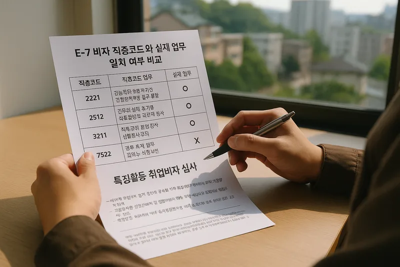 E-7 비자 직종코드와 실제 업무 일치 여부를 비교하는 표와 서류, 특정활동 취업비자 심사 이미지