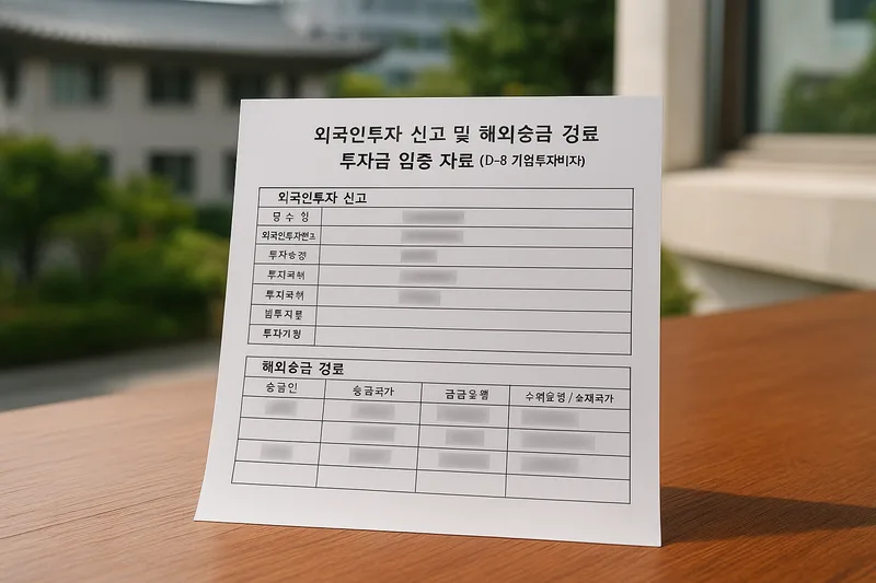 외국인투자 신고와 해외 송금 경로를 보여주는 은행 서류, D-8 기업투자비자 투자금 입증 자료