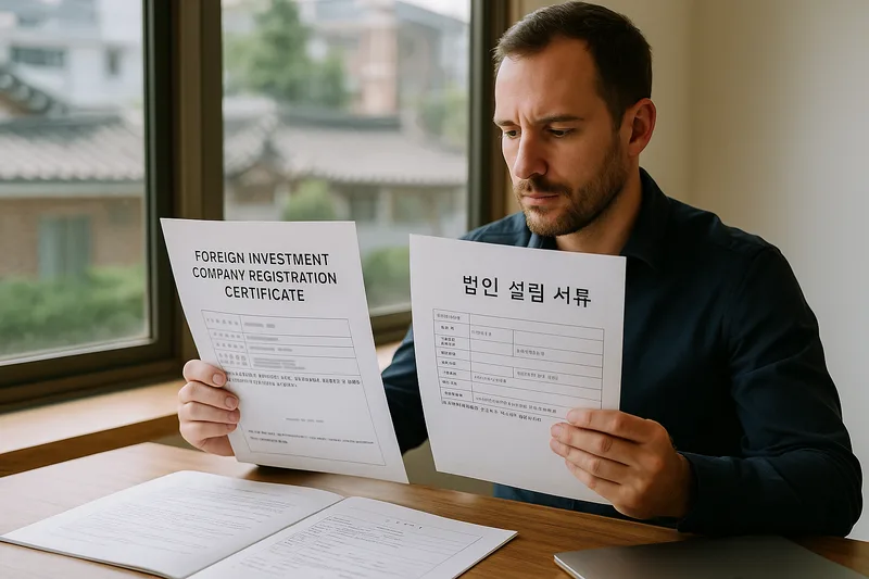 외국인투자기업 등록증과 법인 설립 서류를 검토하는 장면, D-8 기업투자비자 준비 과정