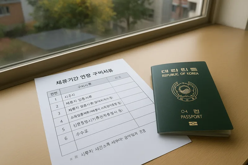 체류기간 연장 구비서류를 정리한 파일과 여권, 외국인 체류 연장 준비 이미지
