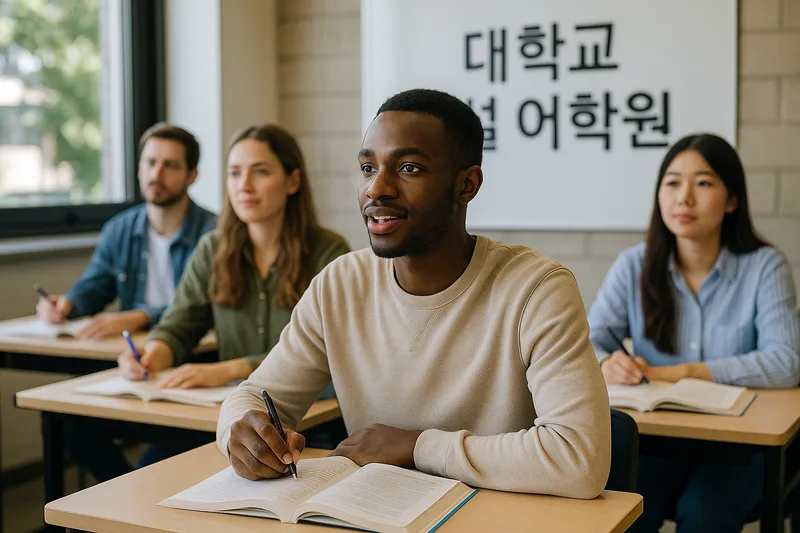 한국 대학 부설 어학원에서 수업을 듣는 외국인 어학연수생, D-4 어학연수 비자 학습 장면