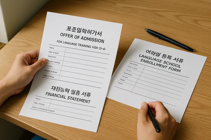 D-4 어학연수 비자 표준입학허가서와 재정능력 입증 서류를 준비하는 장면, 어학원 등록 서류