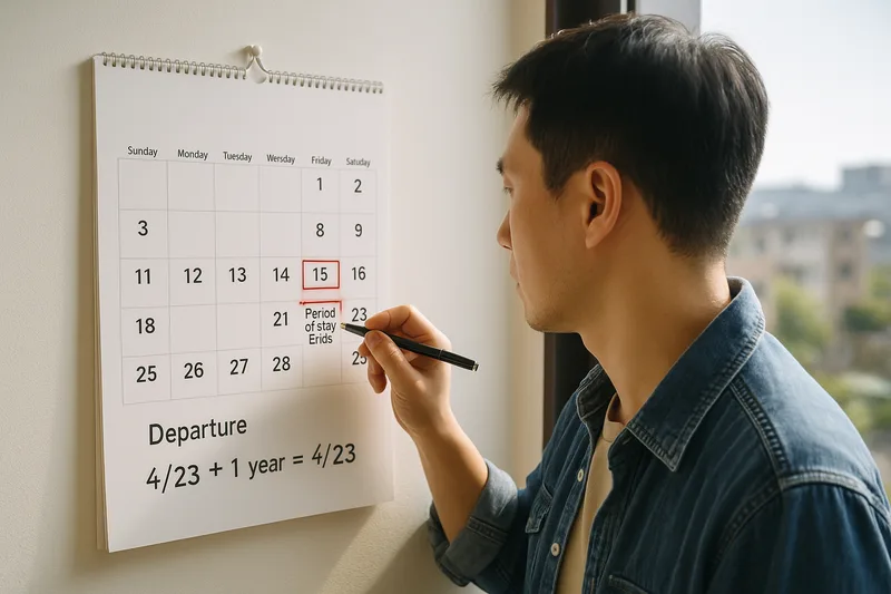 달력에 출국일과 체류만료일을 표시하며 재입국 기한을 계산하는 외국인, 재입국허가 면제 1년 기준
