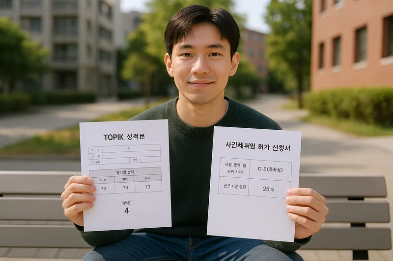 TOPIK 성적표와 시간제취업 허가 신청서를 준비하는 외국인 유학생, D-2 근무시간 조건