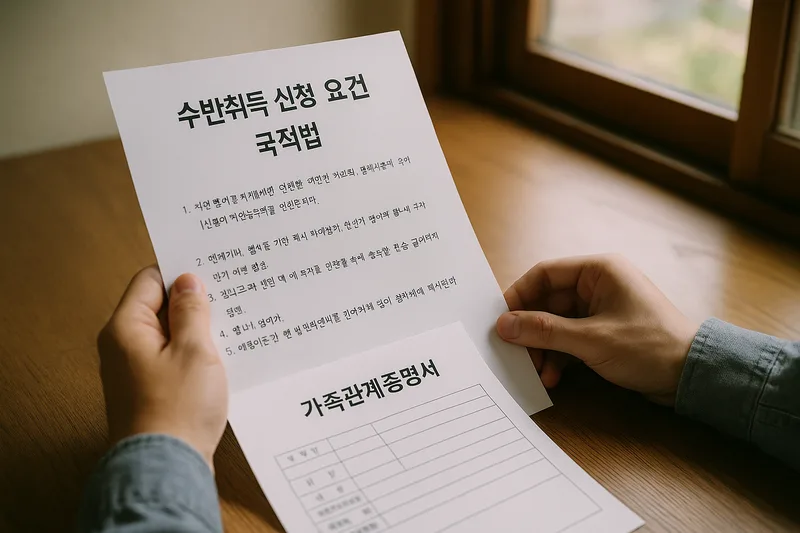 가족관계와 미성년 여부를 확인하는 서류를 검토하는 모습, 수반취득 신청 요건 국적법
