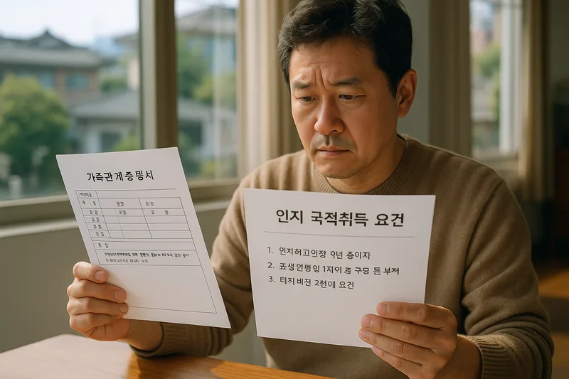가족관계와 인지 사실, 출생 시점을 확인하는 서류를 검토하는 모습, 인지 국적취득 요건