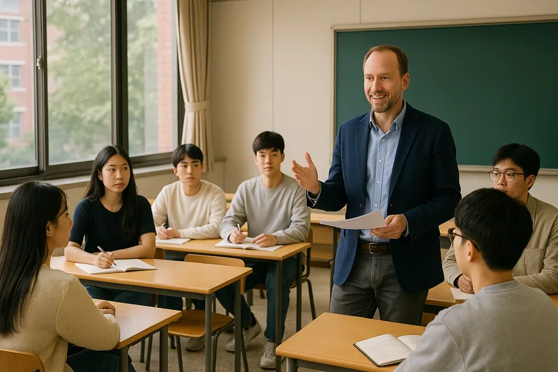 한국 대학 강의실에서 학생들을 가르치는 외국인 교수, E-1 교수 비자 교육 연구