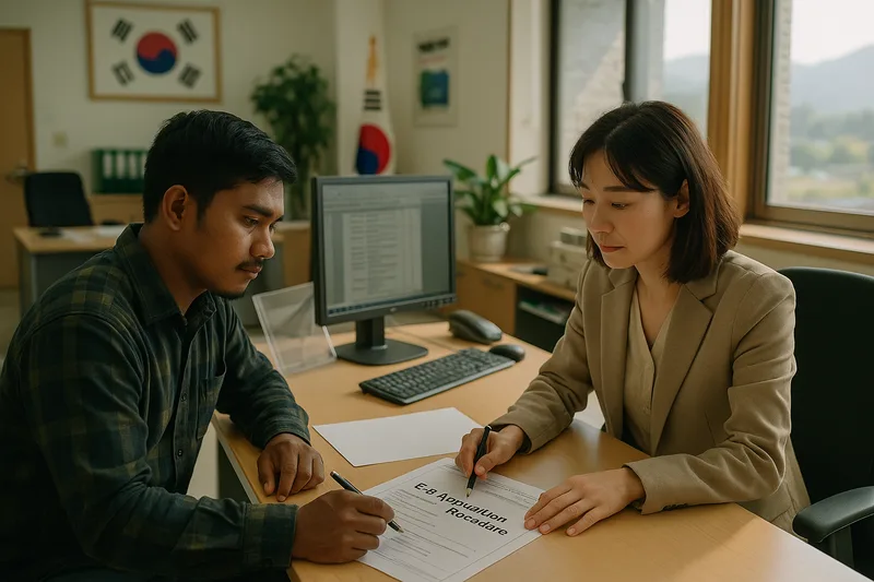 지방자치단체 청사에서 외국인 계절근로자 배정 서류를 처리하는 모습, E-8 신청 절차