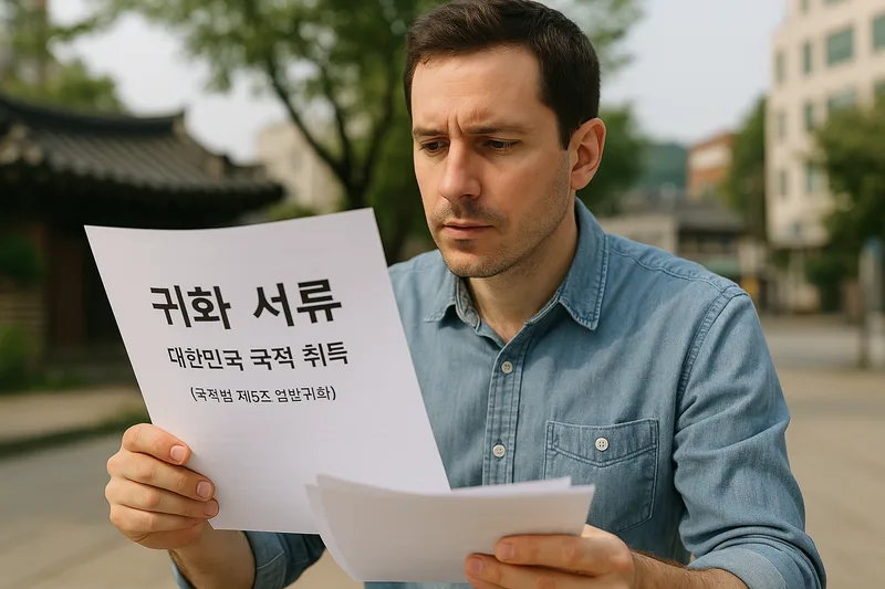 대한민국 국적 취득을 준비하는 외국인이 귀화 서류를 검토하는 모습, 국적법 제5조 일반귀화