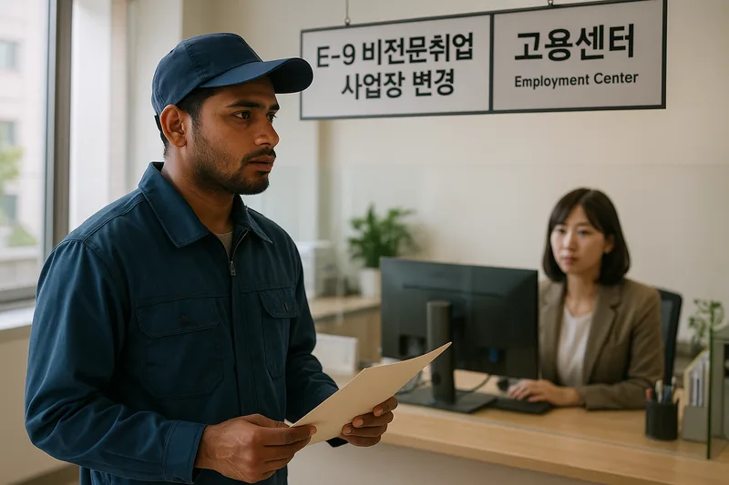 공장 작업복을 입은 외국인 근로자가 서류를 들고 고용센터 창구를 찾는 모습, E-9 비전문취업 사업장 변경