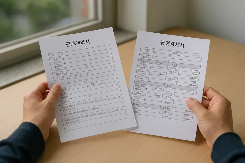 근로계약서와 급여명세서를 나란히 비교하며 검토하는 손, E-9 사업장 변경 사용자 귀책 입증 자료