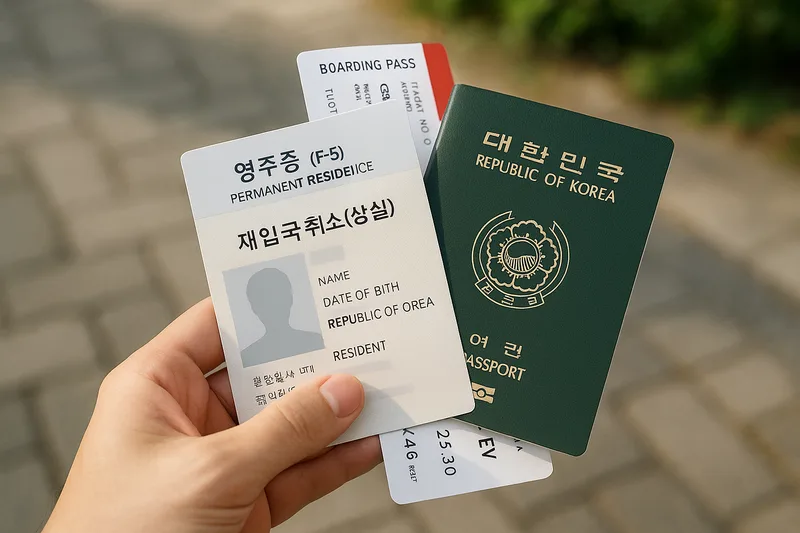 영주증(F-5 카드)과 여권, 항공권을 함께 살펴보는 손, F-5 영주자격 재입국 취소 상실