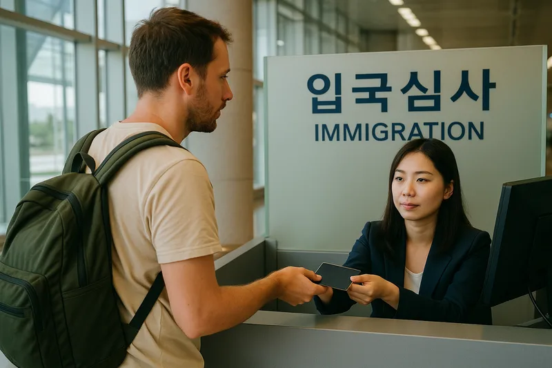 한국 입국심사대를 통과하는 단기 방문 외국인 여행객, 무사증 90일 체류 관광