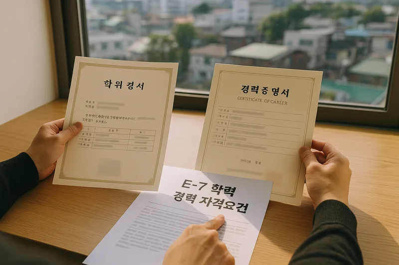 학위증명서와 경력증명서를 검토하며 직종 요건을 맞추는 모습, E-7 학력 경력 자격요건