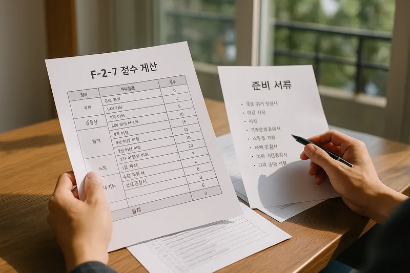 점수표와 서류를 검토하는 장면, F-2-7 점수 계산과 준비 서류