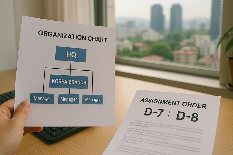 본사와 한국 지사의 관계를 보여주는 조직도와 파견 서류, D-7 D-8 비교