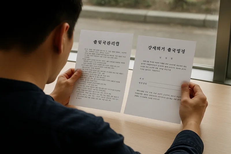 출입국관리법 조문과 처분 통지서를 검토하는 장면, 강제퇴거 출국명령 비교