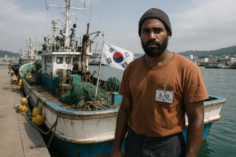 한국 항구에 정박한 어선과 외국인 선원, E-10 선원취업 비자