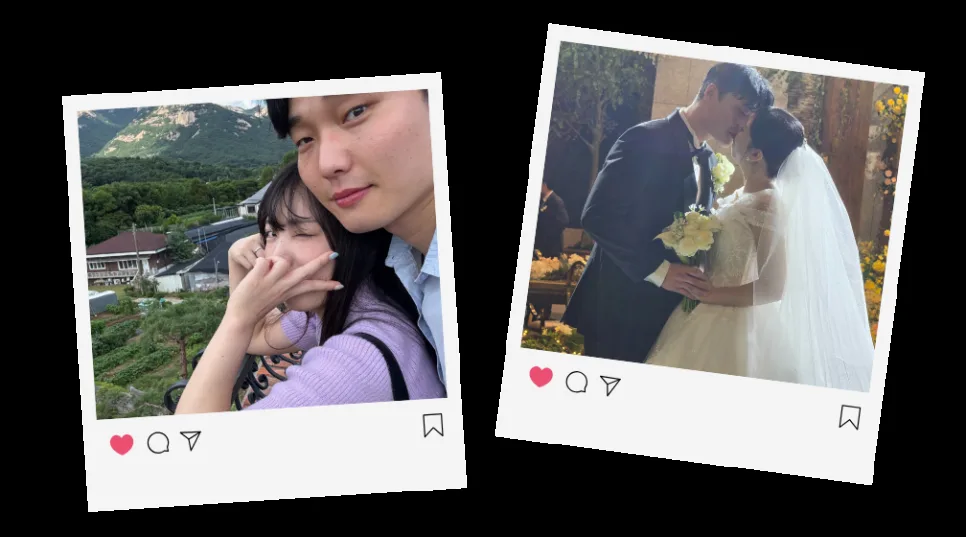산이 보이는 곳에서 함께 찍은 셀카와 결혼식장에서 입을 맞추는 부부의 사진